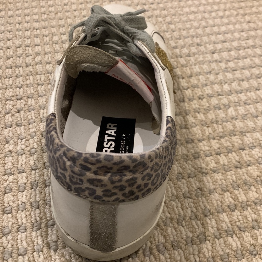 Golden Goose White Leather Sneakers with Gold Glitter Star and Leopard Heel - Picture 7 of 9